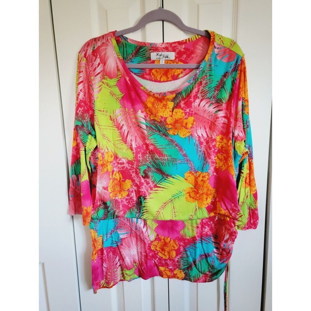 High Fifth 1X Colorful Top Tropical Print Stretch 3/4 Slv Rayon Blend Palm Frond